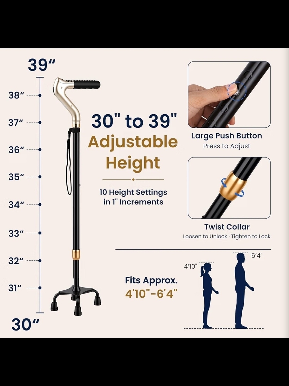 Walking Cane W. LED Light | Quad Base | 30"–39" Adjustable Height | NEW IN BOX | - Picture 5 of 6